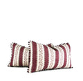 Plum and ivory striped decorative lumbar pillow with beaded trim side view pairs hand-sewn in Charlotte North Carolina