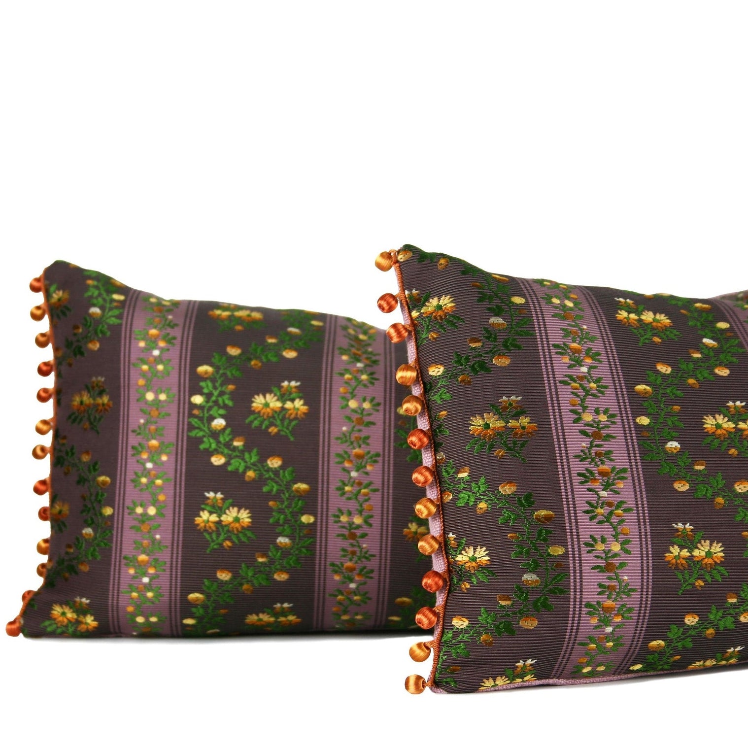 Decorative lumbar pillow made from a 1950s Belgian silk textile with floral stripe motifs and ombré beaded trim hand-sewn by Liz Saintsing in Charlotte North Carolina