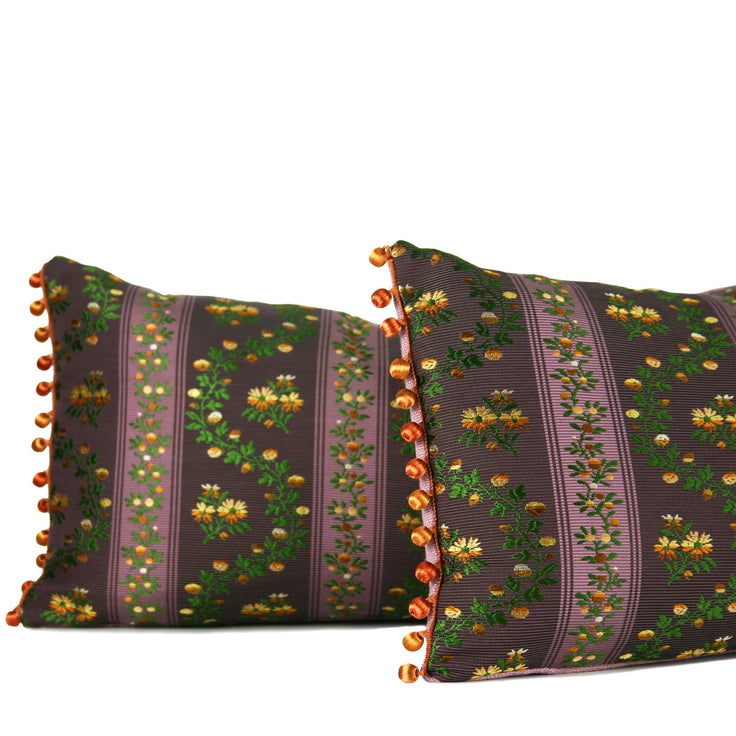 Decorative lumbar pillow made from a 1950s Belgian silk textile with floral stripe motifs and ombré beaded trim hand-sewn by Liz Saintsing in Charlotte North Carolina