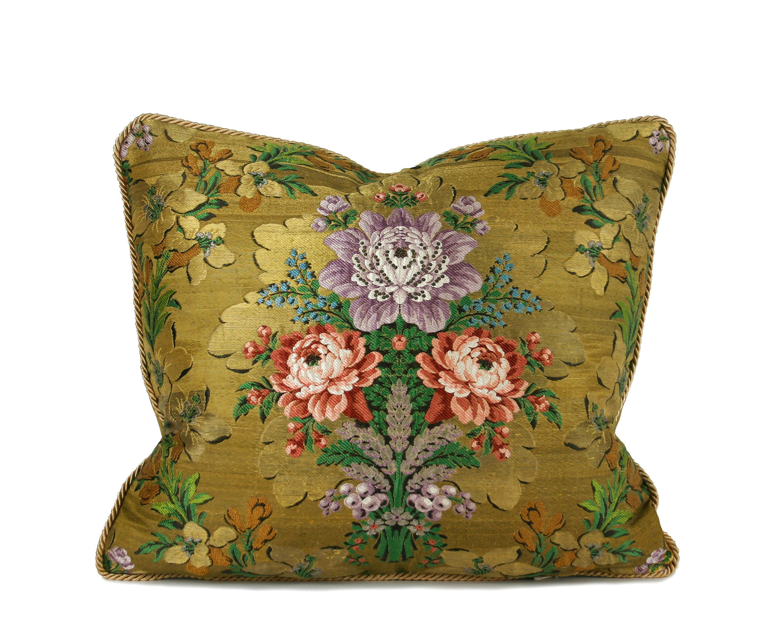 One-of-a-kind decorative pillow made from an early 1800s Lyon French brocade textile with floral motifs and metallic cord trim hand-sewn by Liz Saintsing Charlotte North Carolina