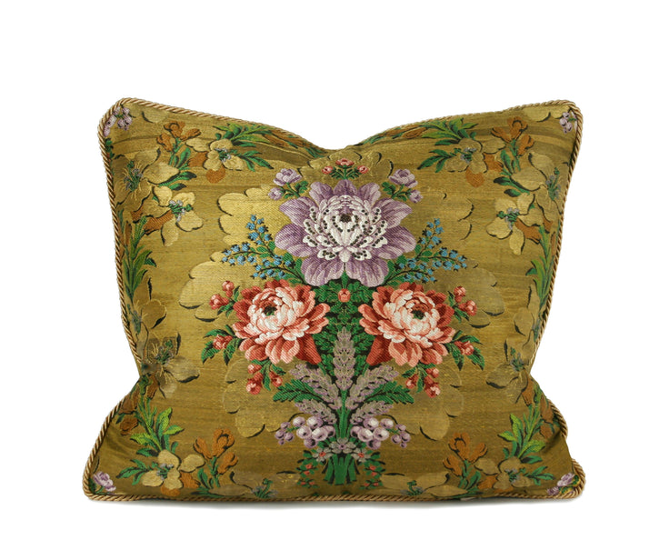 One-of-a-kind decorative pillow made from an early 1800s Lyon French brocade textile with floral motifs and metallic cord trim hand-sewn by Liz Saintsing Charlotte North Carolina