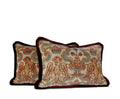 Decorative lumbar pillow made from a 1940s Italian velvet textile with heraldic motifs and burgundy silk fringe hand-sewn by Liz Saintsing in Charlotte North Carolina