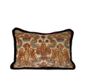 Decorative lumbar pillow made from a 1940s Italian velvet textile with heraldic motifs and burgundy silk fringe hand-sewn by Liz Saintsing in Charlotte North Carolina