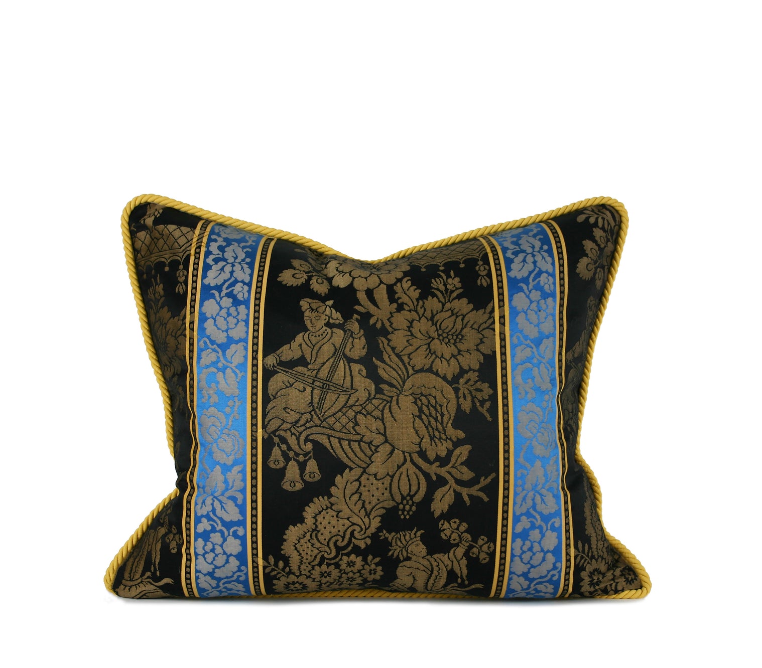 Decorative pillow made from a 1960s French tapestry textile with cobalt blue accents and gold twisted cording hand-sewn by Liz Saintsing in Charlotte North Carolina