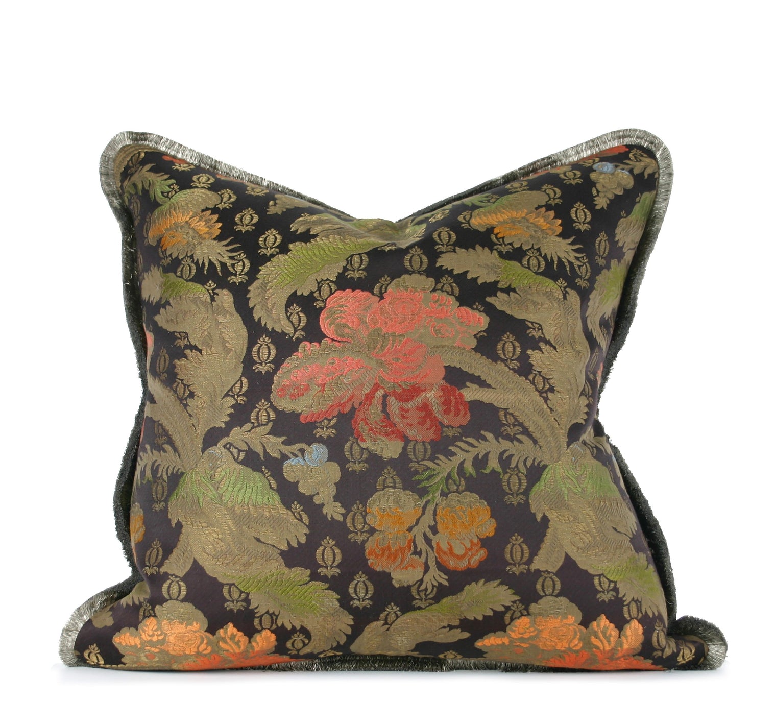 Decorative pillow made from a 1950s French metallic floral textile with botanical motifs and metallic fringe hand-sewn by Liz Saintsing in Charlotte North Carolina
