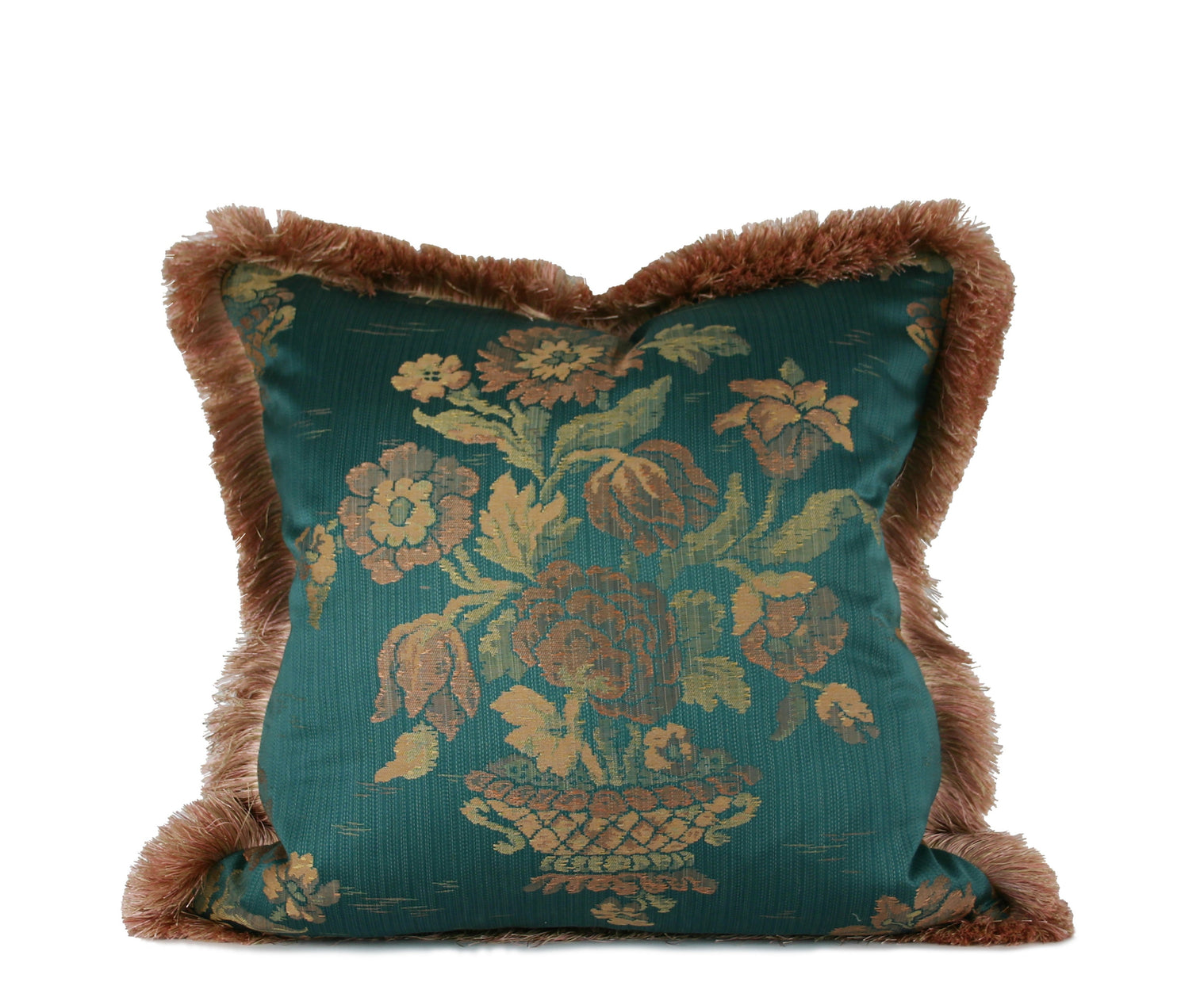Decorative pillow made from a 1950s French floral textile with teal ground and petal-colored brush fringe hand-sewn by Liz Saintsing in Carlotte North Carolina