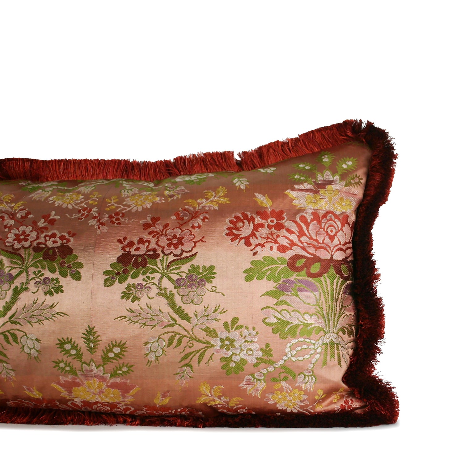 Early 1700s French Silk Lumbar Pillow with Brush Fringe
