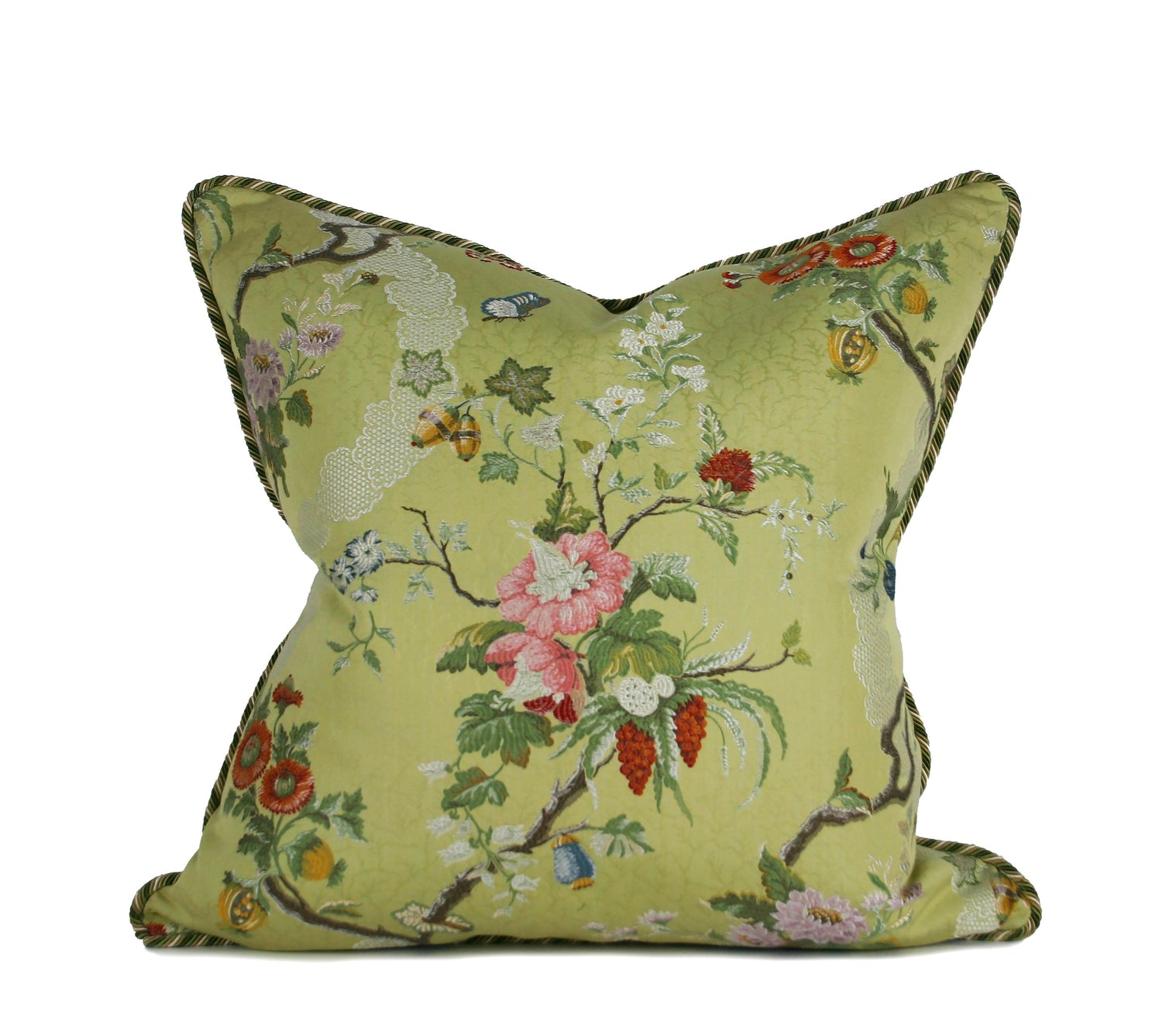 One-of-a-kind decorative pillow made from a 1950s French cotton jacquard featuring botanical motifs on a celadon green ground with twisted cord trim hand-sewn in Charlotte NC by Liz Saintsing