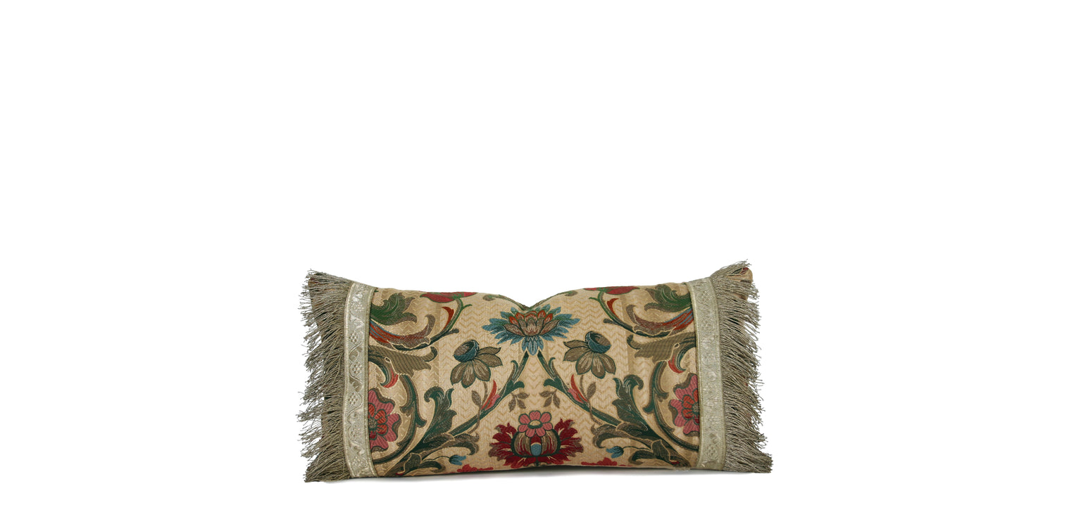 Hand-sewn decorative lumbar pillow crafted from a rare Italian jacquard dating to the 1940s and finished with metallic fringe from the 1720s antique vintage Parisian fabric Liz Saintsing Charlotte North Carolina