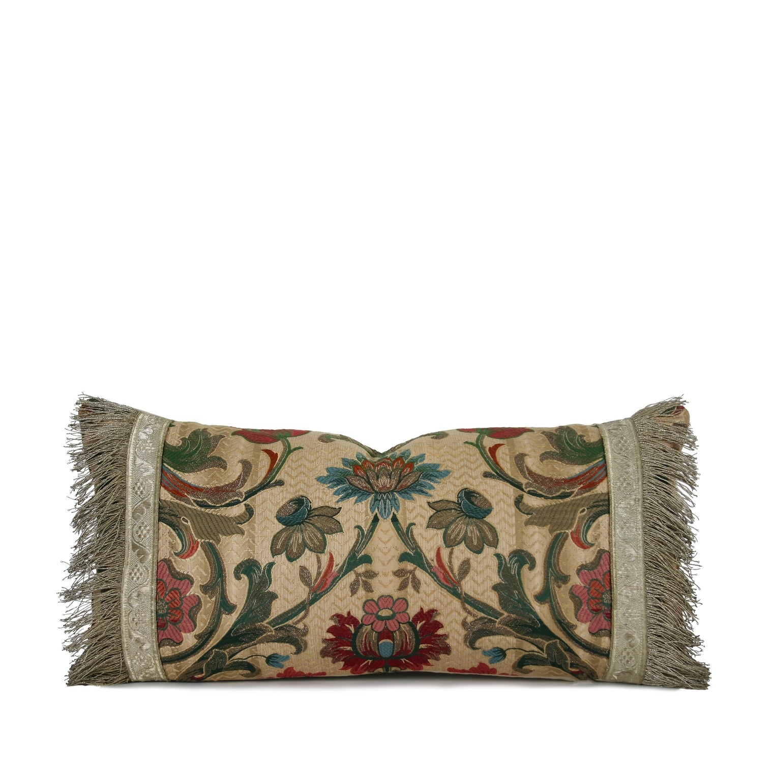 1940s Italian Jacquard Floral Lumbar Pillow with Metallic Fringe