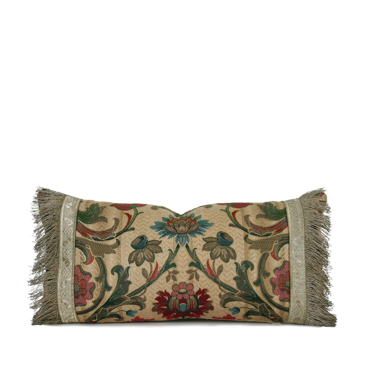 1940s Italian Jacquard Floral Lumbar Pillow with Metallic Fringe