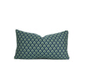 Hand-sewn blue and green woven motif throw pillow with coordinating woven plaid reverse Charlotte NC studio