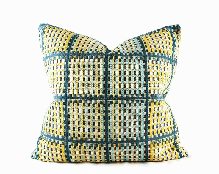 Hand-sewn blue and green woven motif throw pillow with coordinating woven plaid reverse Charlotte NC studio