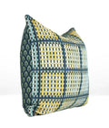 Hand-sewn blue and green woven motif throw pillow with coordinating woven plaid reverse side view Charlotte NC studio