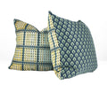 Hand-sewn blue and green woven motif throw pillow with coordinating woven plaid reverse side and back view Charlotte NC studio
