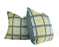 Hand-sewn blue and green woven motif throw pillow with coordinating woven plaid reverse side view pairs Charlotte NC studio