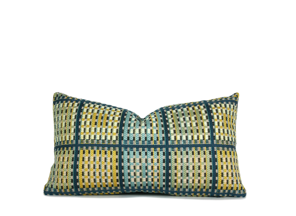 Hand-sewn blue and green woven motif throw pillow with coordinating woven plaid reverse Charlotte NC studio