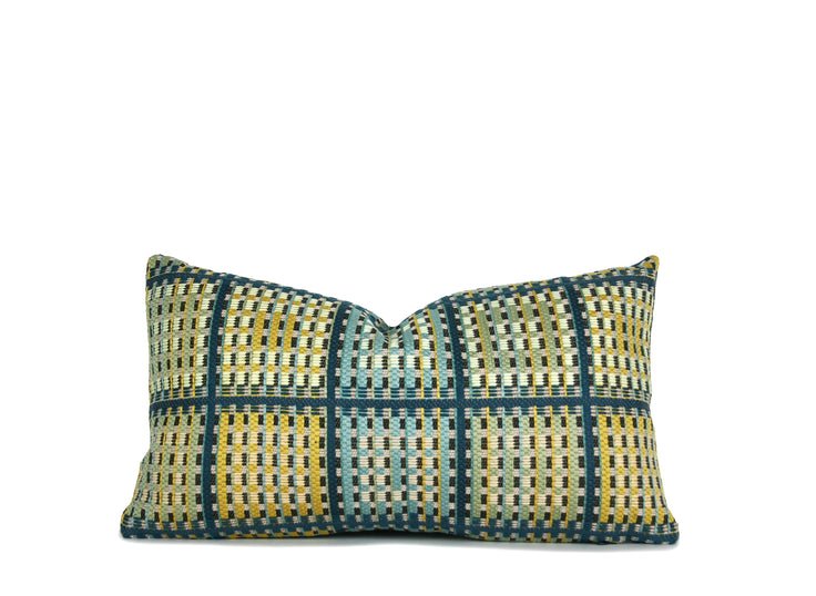 Hand-sewn blue and green woven motif throw pillow with coordinating woven plaid reverse Charlotte NC studio