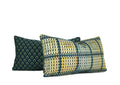Hand-sewn blue and green woven motif throw pillow with coordinating woven plaid reverse Charlotte NC studio