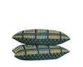 Hand-sewn blue and green woven motif throw pillow with coordinating woven plaid reverse Charlotte NC studio