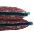 French silk lumbar pillow dating to the 1950s, featuring woven floral motifs and luxurious blue silk brush fringe, hand-sewn by Liz Saintsing in Charlotte, North Carolina.