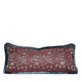 French silk lumbar pillow dating to the 1950s, featuring woven floral motifs and luxurious blue silk brush fringe, hand-sewn by Liz Saintsing in Charlotte, North Carolina.
