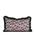 Handcrafted mauve lumbar pillow with abstract woven pattern and deep emerald brush fringe, individually sewn by Liz Saintsing in Charlotte, North Carolina.