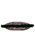 Handcrafted mauve lumbar pillow with abstract woven pattern and deep emerald brush fringe, individually sewn by Liz Saintsing in Charlotte, North Carolina.