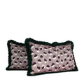 Handcrafted mauve lumbar pillow with abstract woven pattern and deep emerald brush fringe, individually sewn by Liz Saintsing in Charlotte, North Carolina.