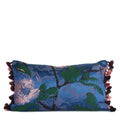 Blue peony decorative lumbar pillow in blue, emerald, blush and plum with multicolor tassel fringe hand-sewn in Charlotte NC by Liz Saintsing