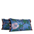 Pair of blue peony decorative lumbar pillow in blue, emerald, blush and plum with multicolor tassel fringe hand-sewn in Charlotte NC by Liz Saintsing