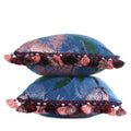 Detailed close up of blue peony decorative lumbar pillow in blue, emerald, blush and plum with multicolor tassel fringe hand-sewn in Charlotte NC by Liz Saintsing 