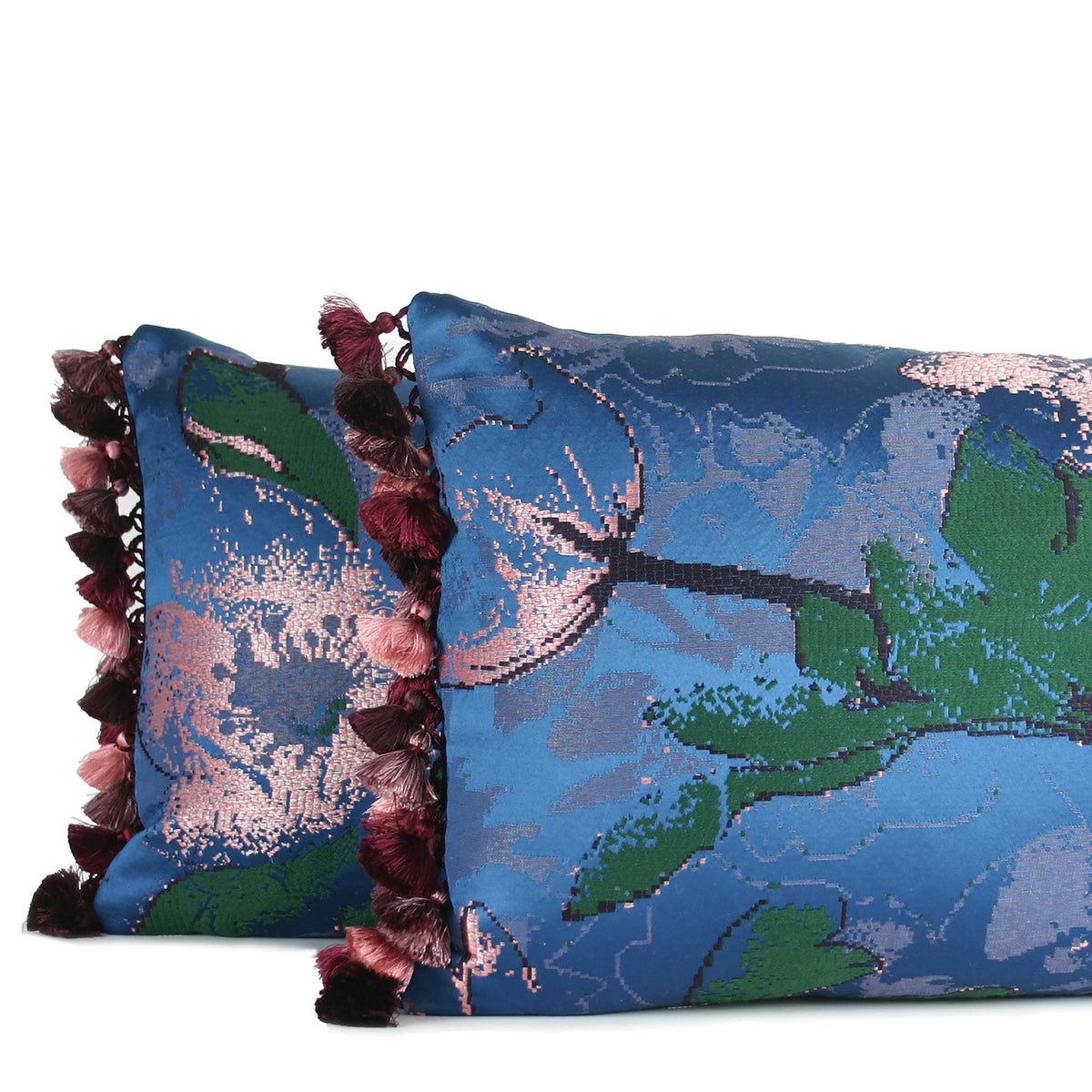 Pair of blue peony decorative lumbar pillow in blue, emerald, blush and plum with multicolor tassel fringe hand-sewn in Charlotte NC by Liz Saintsing