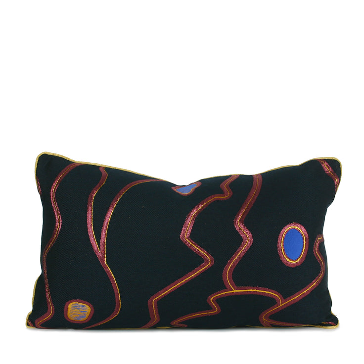 Abstract navy decorative lumbar pillow with magenta lines, cobalt blue accents and metallic gold cord. Hand-sewn in Charlotte NC by Liz Saintsing.