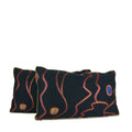 Pair of abstract navy decorative lumbar pillow with magenta lines, cobalt blue accents and metallic gold cord. Hand-sewn in Charlotte NC by Liz Saintsing.