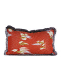 Burnished orange decorative lumbar pillow with painterly ivory, violet and gold woven details and smoky violet silk brush fringe. Hand-sewn in Charlotte NC by Liz Saintsing.