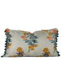 Painterly woven decorative lumbar pillow in blue, coral and ochre with graduated blue tassel fringe. Hand-sewn in Charlotte NC by Liz Saintsing.