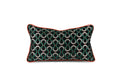 Black velvet decorative lumbar pillow with emerald green and silver geometric pattern and bright orange leather contrast welt. Hand-sewn in Charlotte NC by Liz Saintsing.
