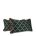Pair of black velvet decorative lumbar pillows with emerald green and silver geometric pattern and bright orange leather contrast welt. Hand-sewn in Charlotte NC by Liz Saintsing.