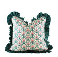 Teal and pink floral decorative throw pillow with contrast striped ruffle trim hand-sewn in Charlotte North Carolina