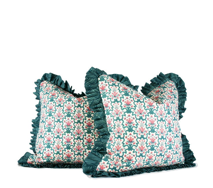Teal and pink floral decorative throw pillow with contrast striped ruffle trim side view pair hand-sewn in Charlotte North Carolina