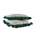 Teal and pink floral decorative throw pillow with contrast striped ruffle trim stacked pair hand-sewn in Charlotte North Carolina