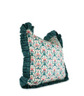 Teal and pink floral decorative throw pillow with contrast striped ruffle trim side view hand-sewn in Charlotte North Carolina