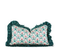 Teal and pink floral decorative lumbar pillow with contrast striped ruffle trim hand-sewn in Charlotte North Carolina