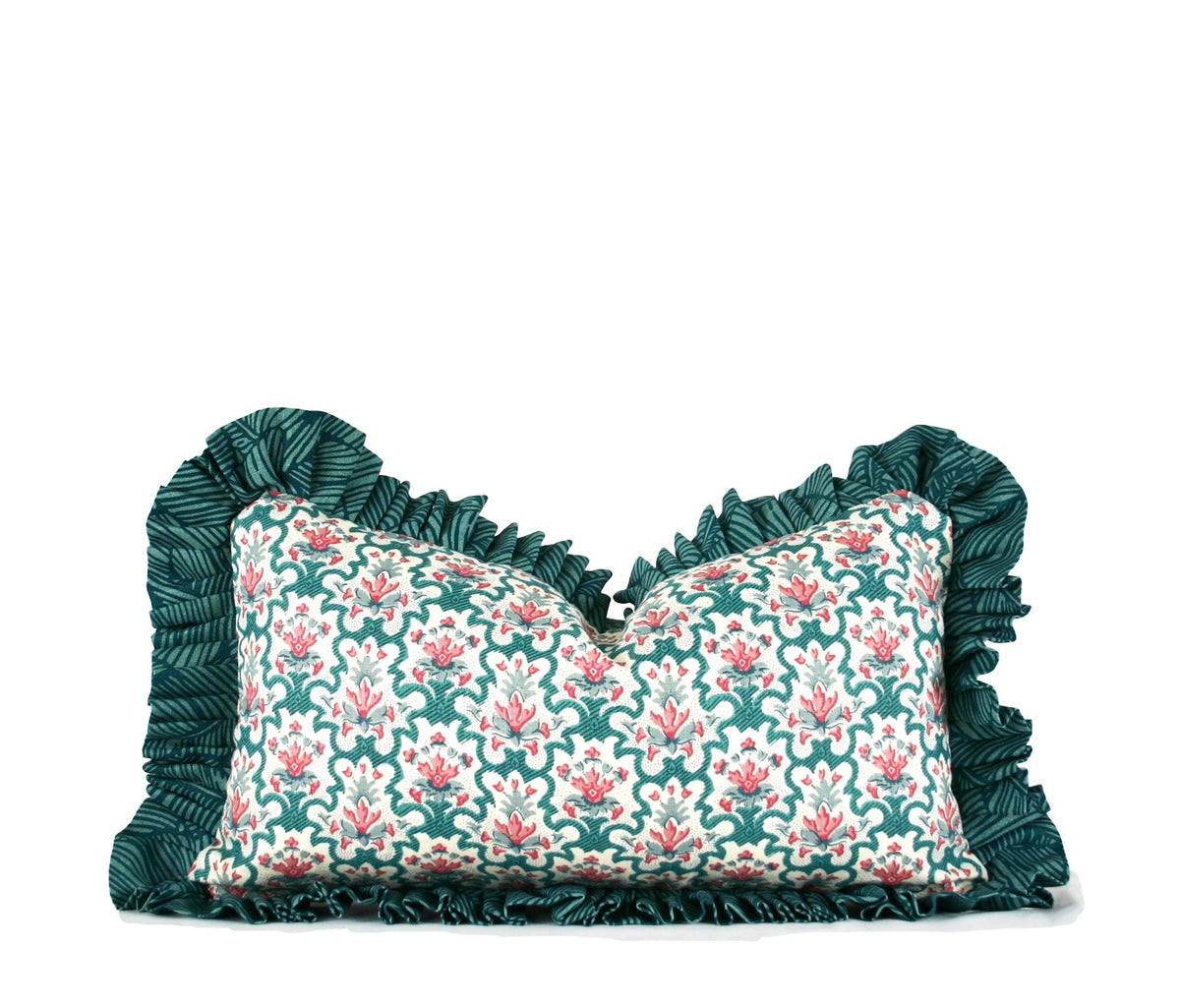 Teal and pink floral decorative lumbar pillow with contrast striped ruffle trim hand-sewn in Charlotte North Carolina