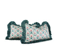 Teal and pink floral decorative lumbar pillow with contrast striped ruffle trim pair side view hand-sewn in Charlotte North Carolina