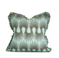 Blush floral decorative throw pillow with teal contrast ruffle trim hand-sewn by Liz Saintsing in Charlotte North Carolina
