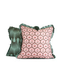 Blush floral decorative throw pillow with teal contrast ruffle trim hand-sewn by Liz Saintsing in Charlotte North Carolina