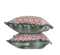 Blush floral decorative throw pillow with teal contrast ruffle trim hand-sewn by Liz Saintsing in Charlotte North Carolina