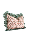 Hand-sewn pink and aqua ruffle lumbar pillow with premium textiles created in Charlotte NC